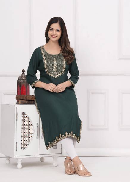 his&her Women Embroidered, Embellished Viscose Rayon Straight Kur