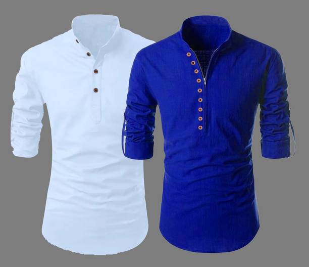 Pack of 2 Men Solid Cotton Blend Straight Kurta