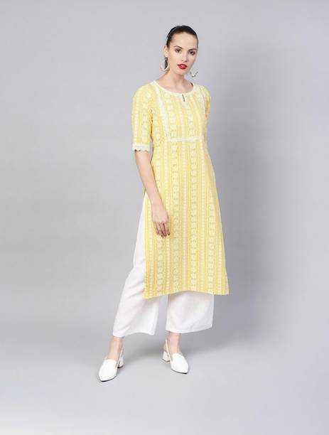 LIBAS Printed Cotton Blend Straight Kurta for Women Yellow