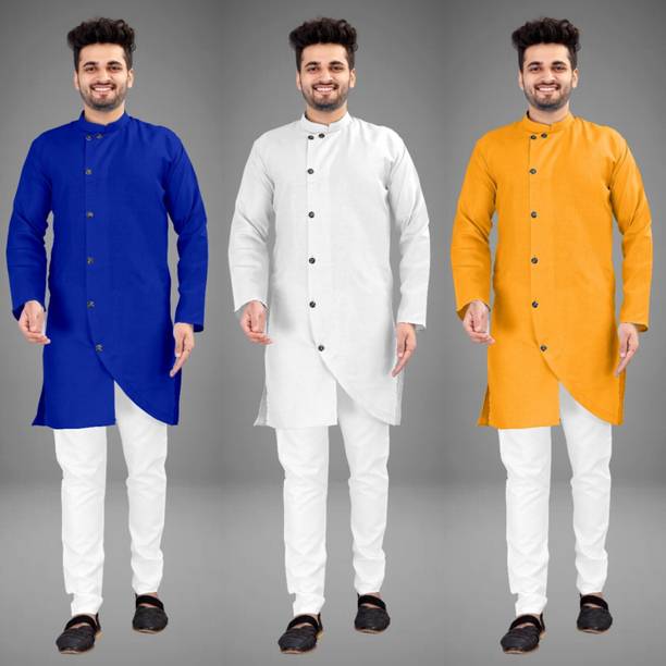 Pack of 3 Men Self Design Cotton Blend Trail Cut Kurta