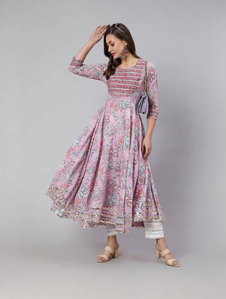 Floral Print Cotton Blend Flared Kurta for Women