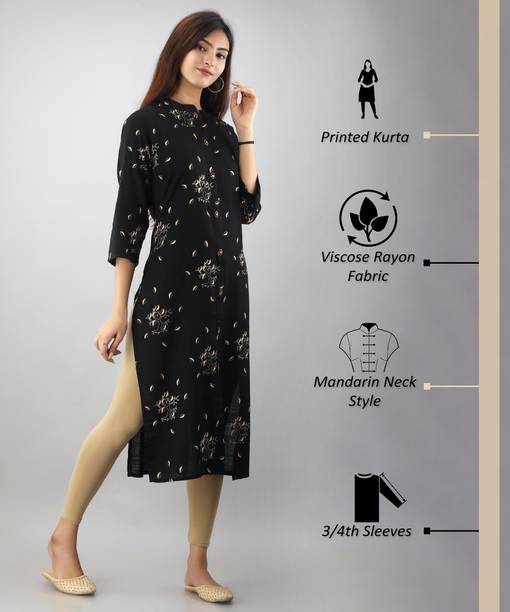 Nehamta Women Floral Print Viscose Rayon Frontslit Kurta (Black)
