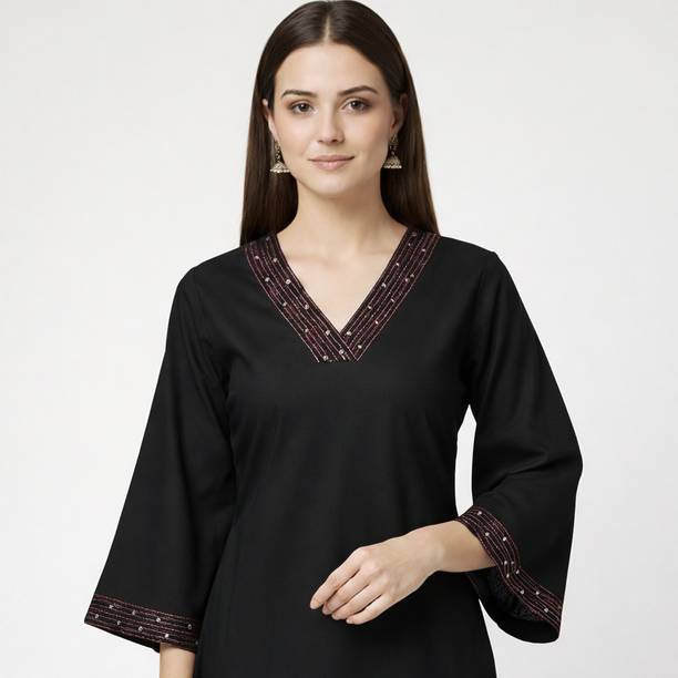 Solid, Embellished, Embroidered Viscose Rayon Straight Kurta for Women