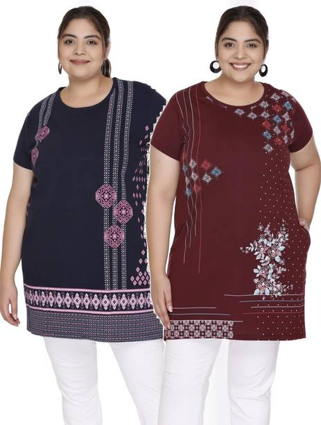 Pack of 2 Printed Cotton Blend Straight Kurta for Women