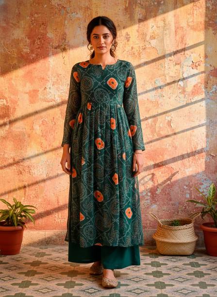 Women Bandhani Georgette Flared Kurta
