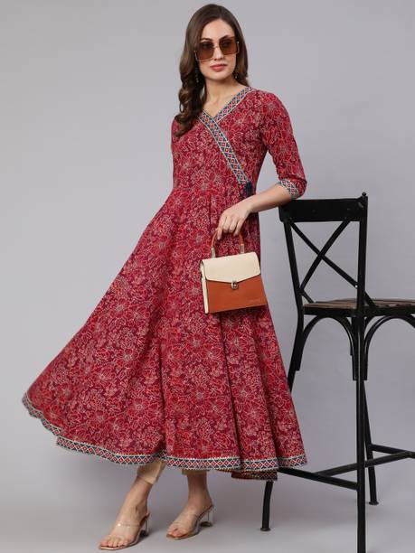 Women Click Women Printed Pure Cotton Flared Kurta (Maroon)