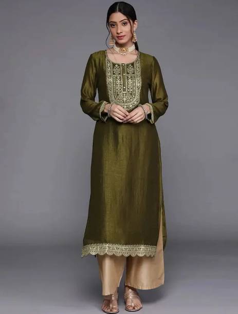Embroidered Silk Blend A-line Kurta for Women