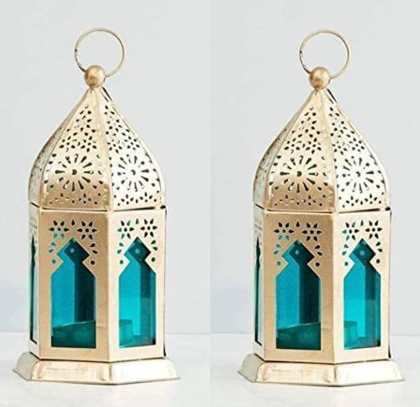 aasha brass collections Gold, Blue Iron Hanging Lantern