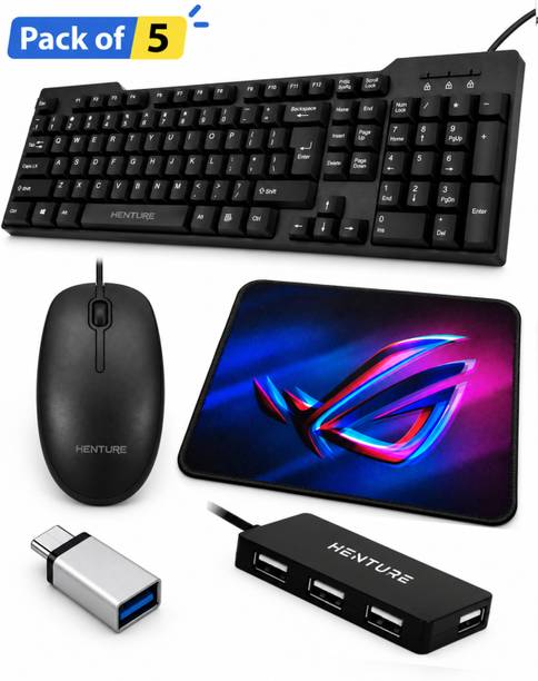 Henture Alive Set of 5 Keyboard and Mouse Combo with USB Hub, C-Type OTG Cable,Mouse Pad Combo Set