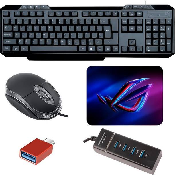 SKOG 5-in-1 Wired Keyboard and Mouse with USB Hub, C-Type OTG Cable, and Mouse Pad Combo Set