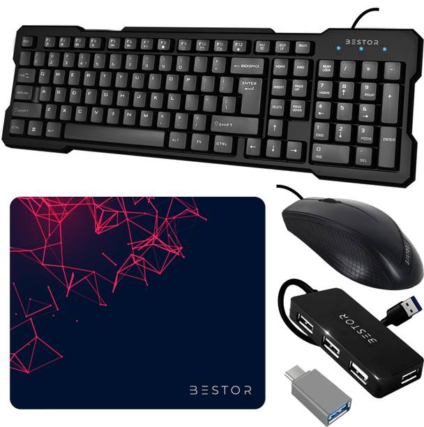 Bestor Set of 5 Combo,USB Wired Keyboard,Wire Mouse,Mouse Pad,typeC converter,4port HUB Combo Set