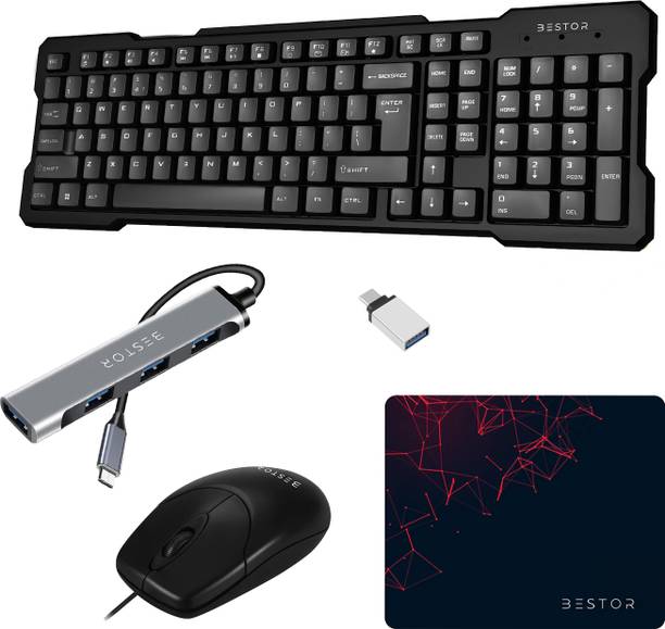 Bestor Set of 5 Combo USB Keyboard, Mouse, Mouse Pad, Type-C Converter, 4-in-1 Hub Combo Set