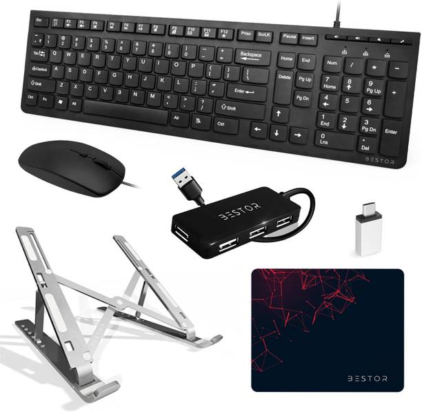 Bestor Set of 6,USB Wired Keyboard,Wire Mouse,L.P Stand,Mouse Pad,typeC converter,4port Combo Set