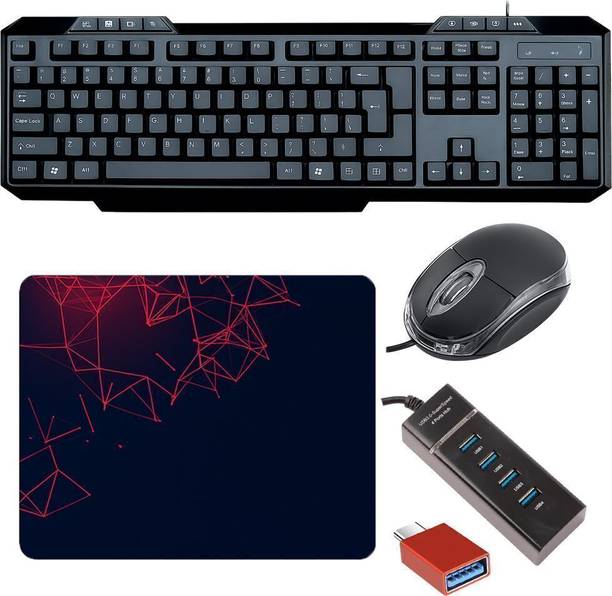 SKOG Combo of 5,USB Wired Keyboard & Mouse, Mouse Pad, type-C OTG and USB Hub Combo Set