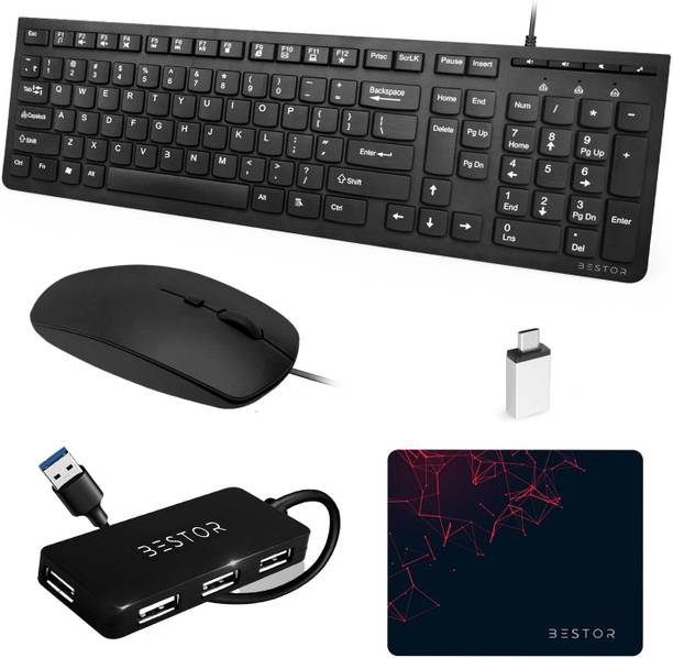 Bestor Set of 5 Combo,USB Wired Keyboard,Wire Mouse,Mouse Pad,typeC converter,4port HUB Wired USB Laptop-size Desktop Keyboard Compatible with Desktop, Laptop, Mac Easy to Use,Plug and Play,Quick, Comfy Durable body