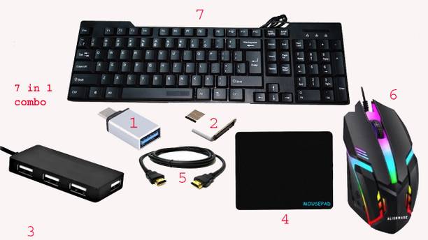 RSG 7 IN 1 COMBO- KEYBOARD ,MOUSE,MOUSEPAD,USB HUB , HDMI CABLE & TYPE C ,V8 OTG Combo Set