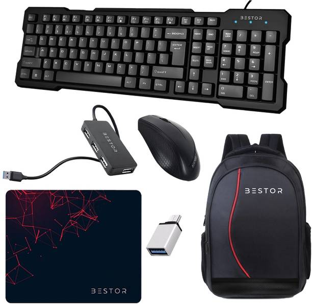 Bestor Set of 6 USB Wired Keyboard Mouse Mousepad Type-C Converter 4Port Hub Laptop Bag Combo Set