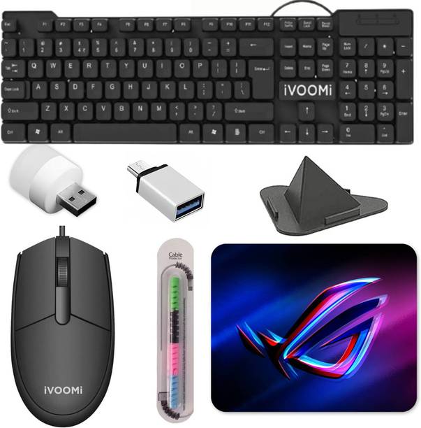 Henture 7 Keyboard Mouse with Usb Light, OTG, Mobile Stand and Cable protector Combo Set