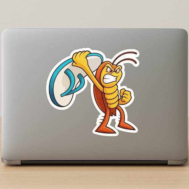 STIXY Angry Cockroach with Chappal Sticker – Funny Cartoon Design Vinyl, Premium GLOSSY Laptop Skin Compatible for 15 inch