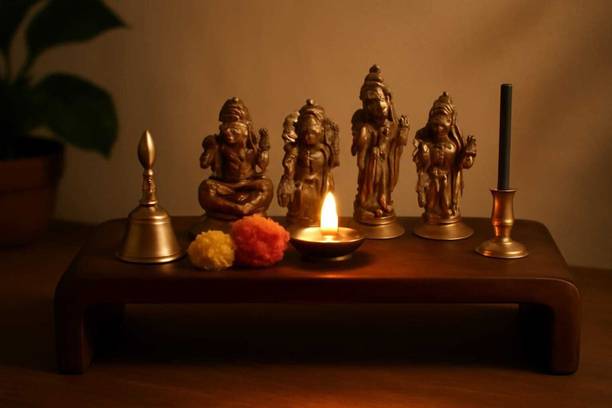 WoodenFriend Wooden Chowki for Pooja | Decorative Brass Bajot | Peeta/Patla for Puja Wooden All Purpose Chowki