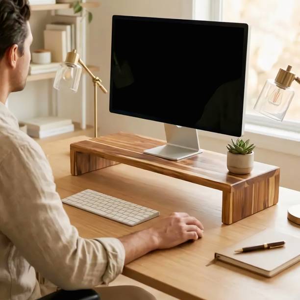 SS HOME AND OFFICE INTERIOR Wooden smart monitor stand Size 18X8 inch TRW699 Wooden Floor and Desk Stand Laptop Stand Compatible with Universal Laptops