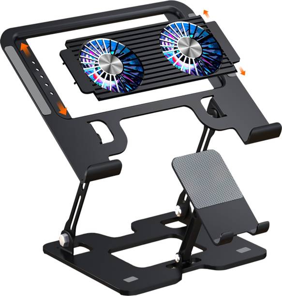 Dyazo Plus 2-in-1 Laptop & Mobile Stand with Dual Cooling Fan Ventilated Silent Design DZ9696 Carbon Steel Desk Stand Laptop Stand with Adjustable Height Compatible with Universal Laptops