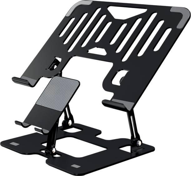 Dyazo Plus 2 in 1 Adjustable Laptop Stand with Mobile Holder | Foldable & Ventilated Riser Carbon Steel Desk Stand Laptop Stand with Adjustable Height Compatible with Universal Laptops