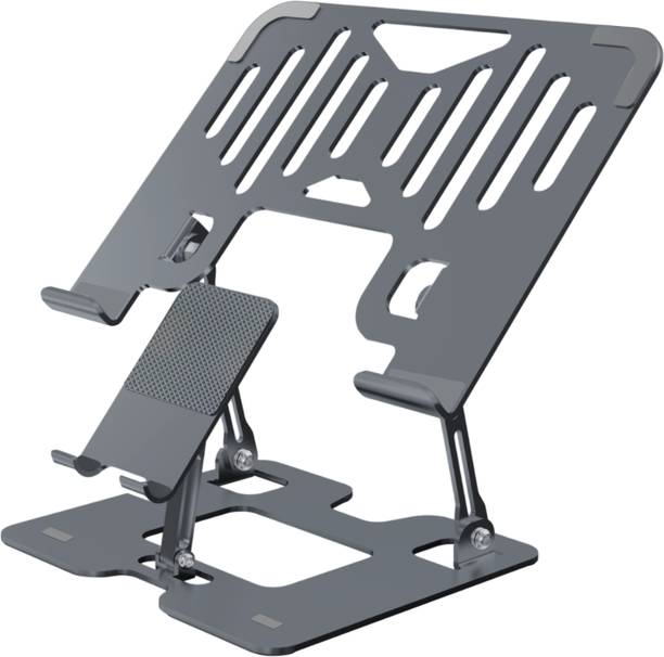 Dyazo Plus 2 in 1 Adjustable Laptop Stand with Mobile Holder | Foldable & Ventilated Riser Carbon Steel Desk Stand Laptop Stand with Adjustable Height Compatible with Universal Laptops