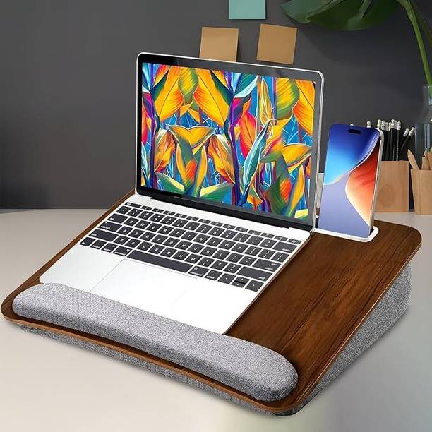 ONTRIP Laptop Desk with Cushion Base | Wooden Top Study & Work Table Ergonomic Laptop Desk with Soft Cushion Pillow | Wooden Top, Built-in Handle Wooden Floor and Desk Stand Rotatable Laptop Stand wit