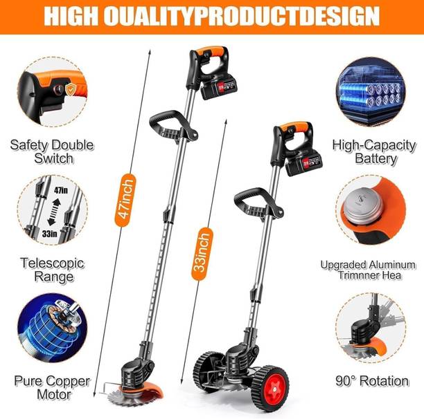 MOOZICO Electric Wireless Rechargeable Edge Cutter 48V Battery- 33cm Cutting Width 3-in-1 Mower & Trimmer | Adjustable Height | 8 Blade Types | Lightweight Battery Push Lawn Mower