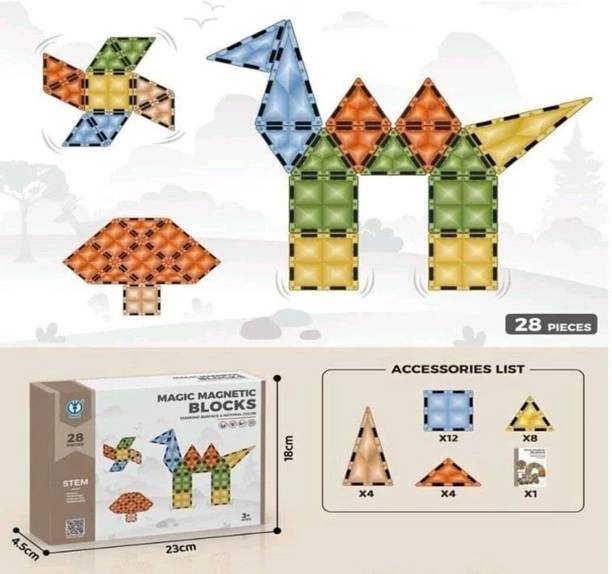 PERKSCORNER 28 Pcs Magnetic Block, Tiles Gifts for Girls,Boys, Kids 3+ Years, 4 5 6 7 8 9 10