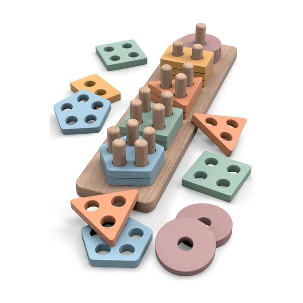 poksi Wooden Shape Sorting Puzzle Board for Kids|Colorful Geometric Shape Block Set