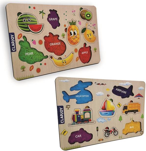 Clapjoy Wooden Learning Educational Board Puzzle for kids Ages 2+ Years(Fruit & Vehicle)