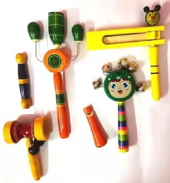 Rainbowstore Musical Infant Toy For kids Pack of 6 Wooden Rattle (Multicolor) (pack of 6)