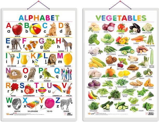 Set of 2 Alphabet and Vegetables Early Learning Educational Charts for Kids | 20"X30" inch |Non-Tearable and Waterproof | Double Sided Laminated | Perfect for Homeschooling, Kindergarten and Nursery Students Paper Print
