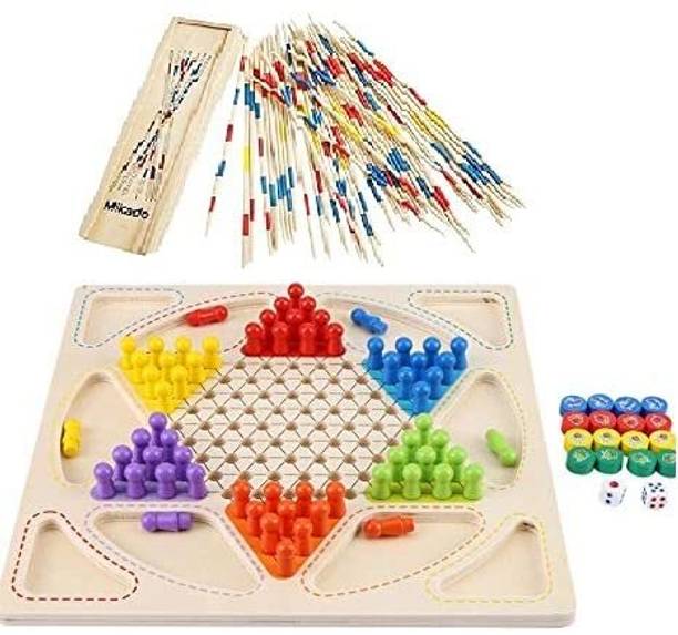 TRU TOYS Wooden Frame Chinese Checkers + 2 In 1 Ludo + Mikado Stick Combo Set Board Games Strategy & War Board Game