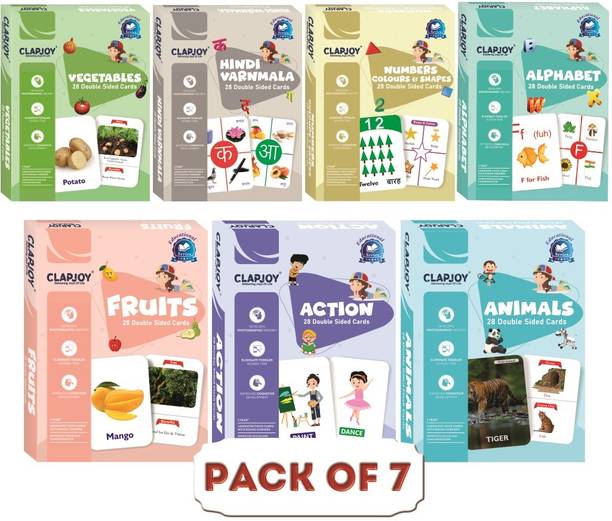 क्लैपजॉय Combo Set of 7 Double Sided Flash Cards for Kids for 2 years & above