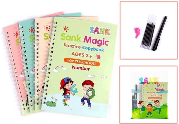 MOOZICO Sank Magic Practice Copybook,(4 BOOK+10 REFILL+1 Pen+1Grip)Number Book with Pen