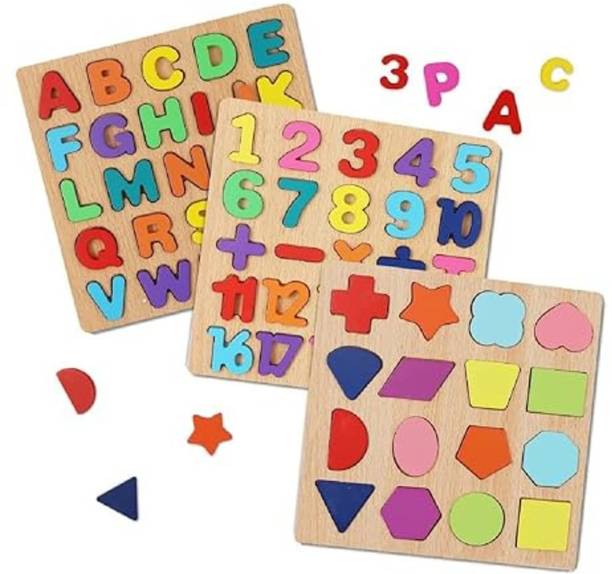 DHRIX Wooden Learning Educational Game Board for Kids(Alphabets, Numbers & Shapess