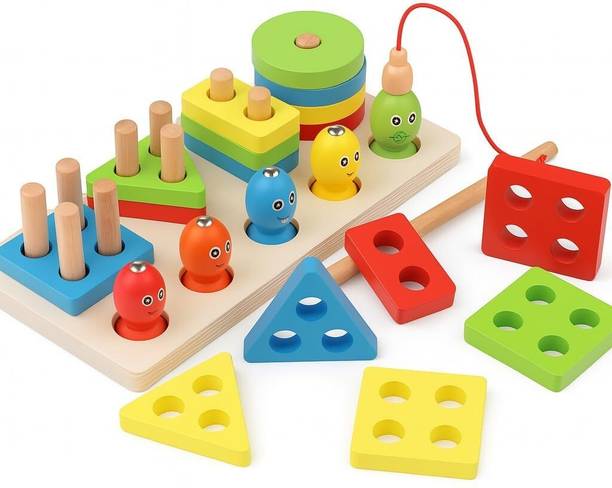 BugzAndTwig Wooden Fish Toy 3-in-1 Learning Shape Sorter Magnetic Fishing Game for Kids