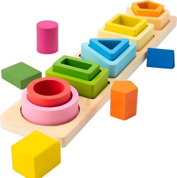 MARA BOMMAI Wooden Montessori Toys 5-in-1 Shape Sorter, Stacking Rings & Blocks for Kids