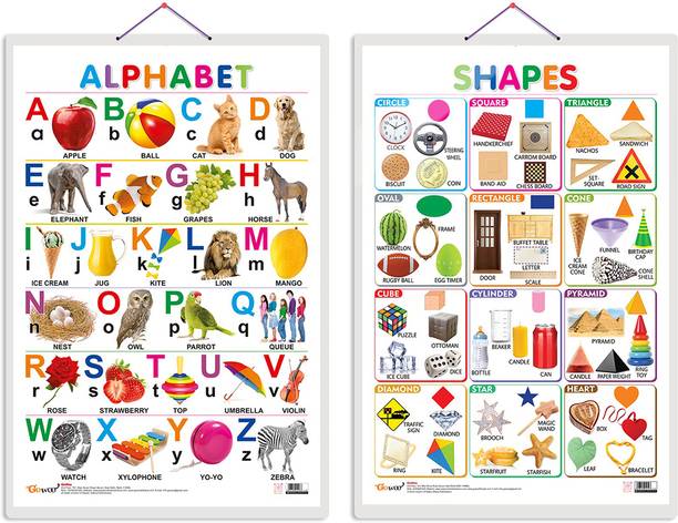 Set of 2 Alphabet and Shapes Early Learning Educational Charts for Kids | 20"X30" inch |Non-Tearable and Waterproof | Double Sided Laminated | Perfect for Homeschooling, Kindergarten and Nursery Students Paper Print