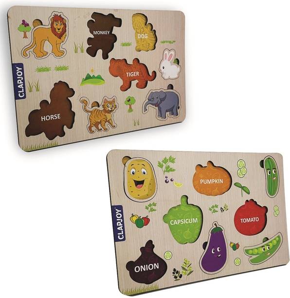 Clapjoy Wooden Learning Educational Board Puzzle for kids Ages 2+ Years(Veg & Animal)