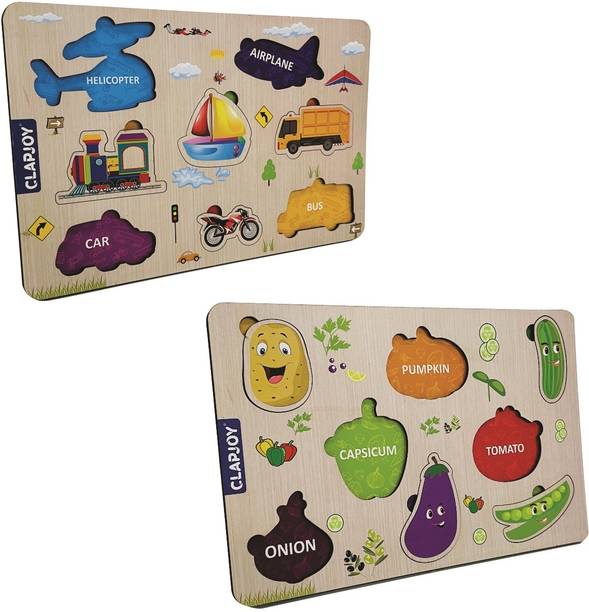 Clapjoy Wooden Learning Educational Board Puzzle for kids Ages 2+ Years(Veg & Vehicle)