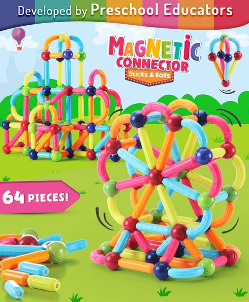 इंटेलीस्किल्स Premium 64 Pcs Magnetic Building Sticks & Balls Toy for Kids | Birthday Gift