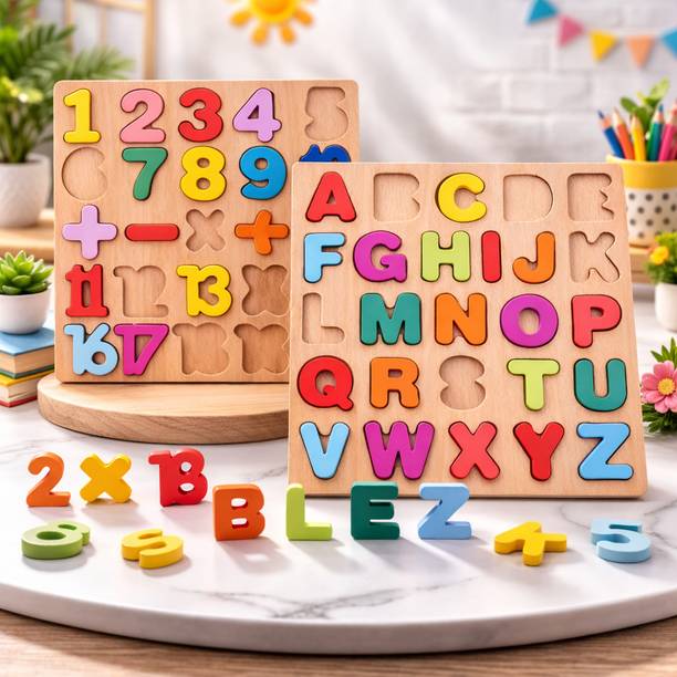 PRIVATECAVE 2 Pack Wooden ABCD Alphabet Number Shape Explorative Puzzles