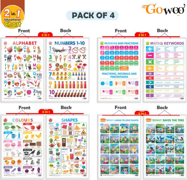 Set of 4 | 2 IN 1 ALPHABET AND NUMBER 1-10, 2 IN 1 NUMBER & FRACTIONS AND MATHS KEYWORDS, 2 IN 1 COLOURS AND SHAPES and 2 IN 1 BENNY LEARNS TO LOVE PLANTS AND BENNY SAVES THE TREE Early Learning Educational Charts for Kids | 20"X30" inch |Non-Tearable and Waterproof | Double Sided Laminated | Perfect for Homeschooling, Kindergarten and Nursery Students Paper Print