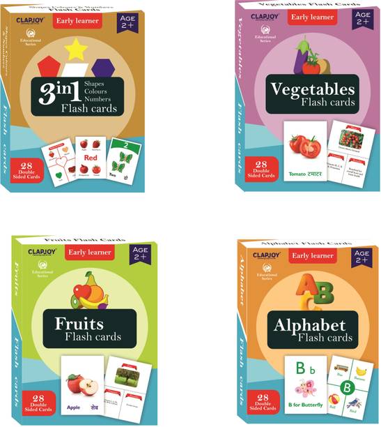 क्लैपजॉय Alphabet ,Number and Shapes ,Fruits,Vegetables Flash Card Combo for Kids