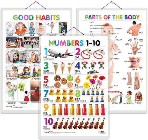 GO WOO Pack of 3 Parts of the Body, Good Habits and Numbers 1-10 Charts