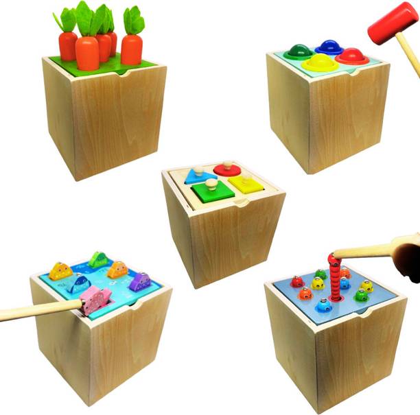 VAATHSALYA'S 5-in-1 Wooden Montessori Toy Play Set Hammering Harvesting Fishing Sorting
